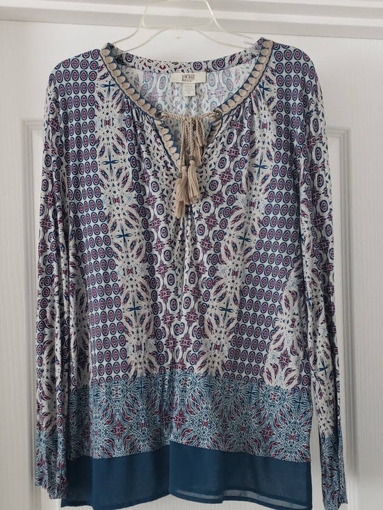 Vintage America Tops - Vintage America Blue and Gray Printed Tassel Peasant Tunic